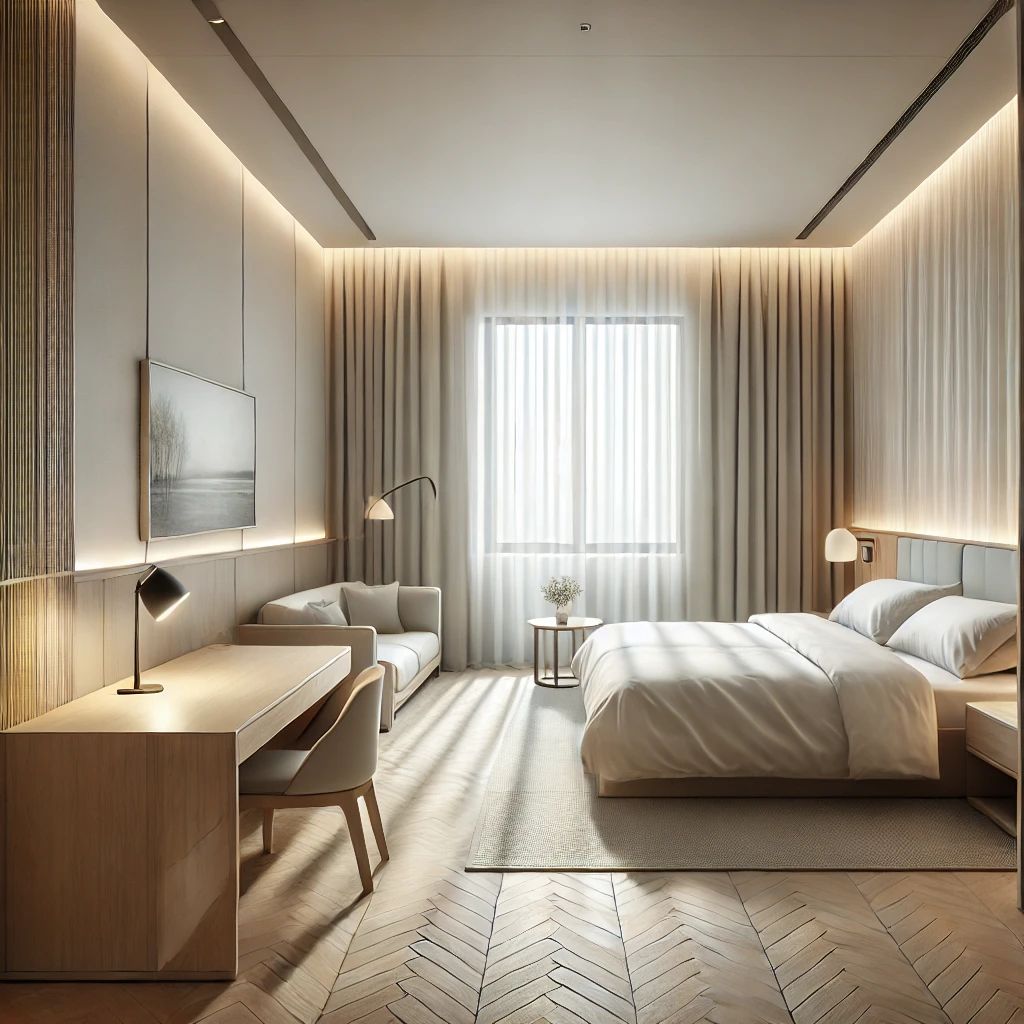 A modern hotel room featuring a king-sized bed, a small sofa, a desk with a lamp, and large windows with sheer curtains allowing natural light to fill the space.